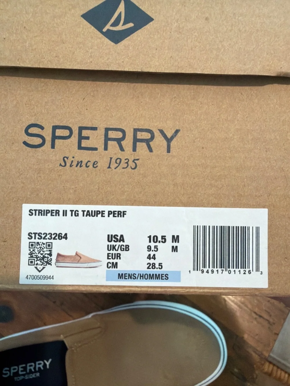 Mens 10.5 Sperry Top Sliders Striper II Taupe